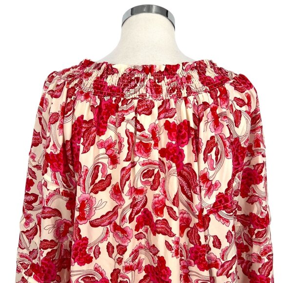 Rose + Olive Floral Smocked Puff Sleeve Blouse Red Pink Ivory Size Large - Picture 7 of 12